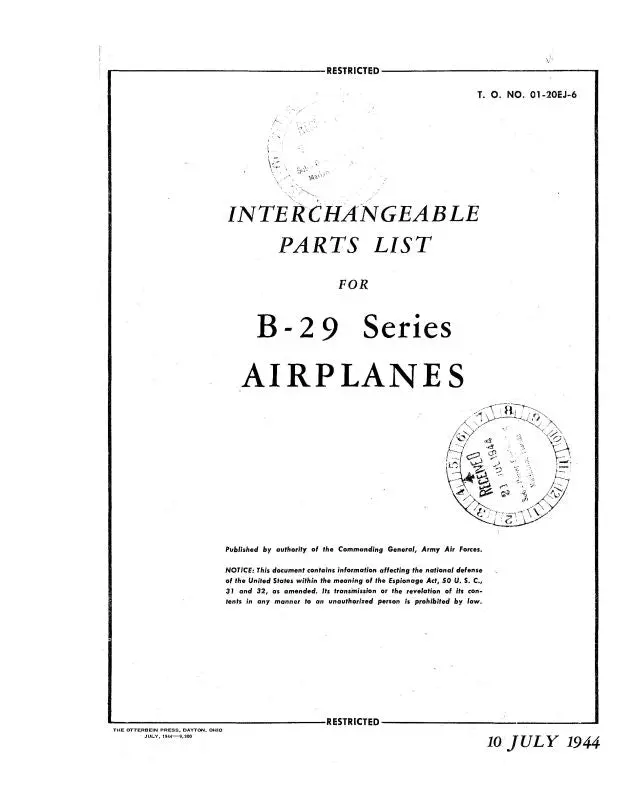 Consolidated B-29 Airplanes 1944 Interchangeable Parts List (01-20Ej-6) 1