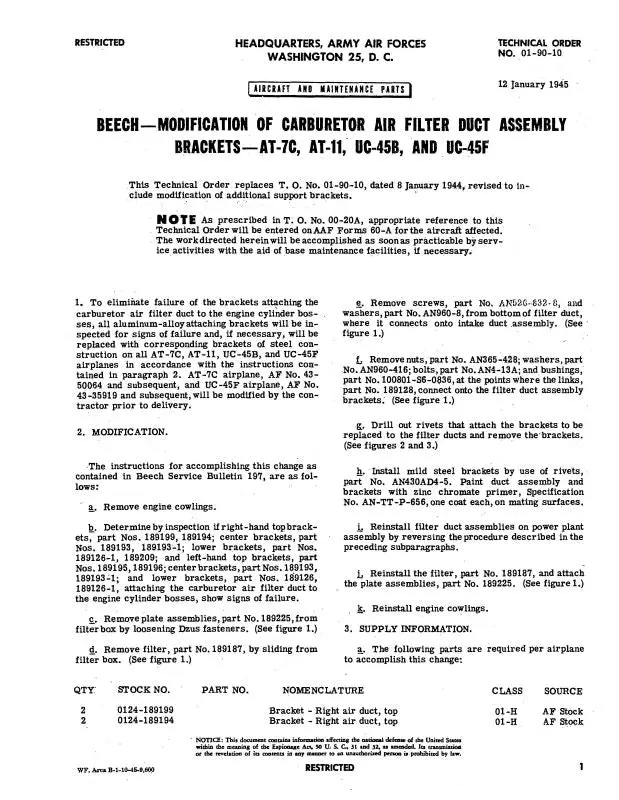 Beech At-7C, At-11, Uc-45, -45F Modification (01-90-10) 1