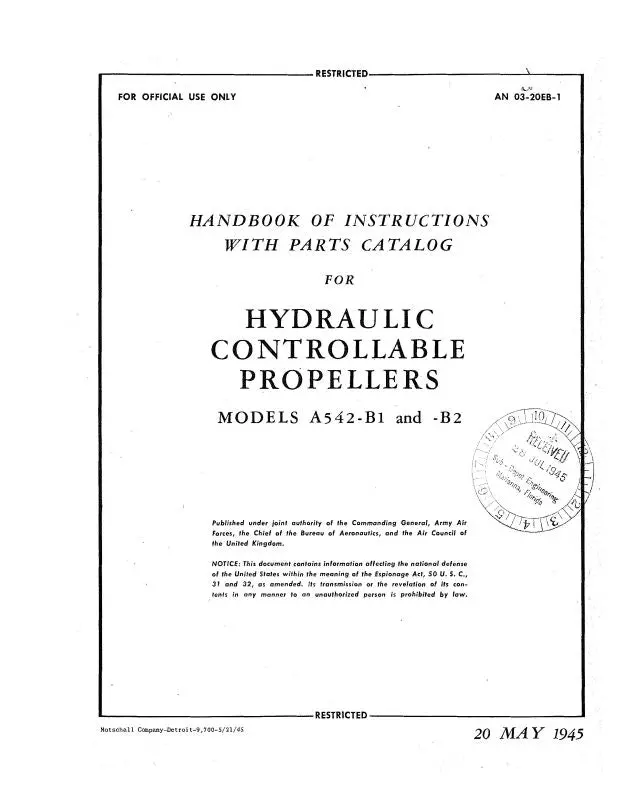 Aeroproducts Propeller Models A542-B1, B2 Instructions With Parts Catalog (03-20Eb-1) 1