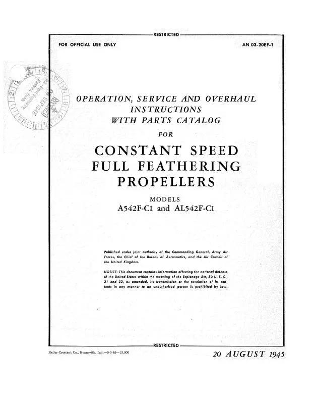 Aeroproducts Propeller Models A542f-C1, Al542f-C1 Operation, Service, Overhaul With Parts Catalog (03-20Ef-1) 1