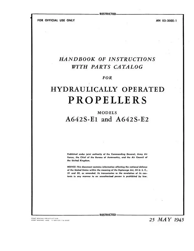 Aeroproducts Propeller Models A642s-E1, A642s-E2 Handbook Of Instructions With Parts Catalog (03-20Ee-1) 1