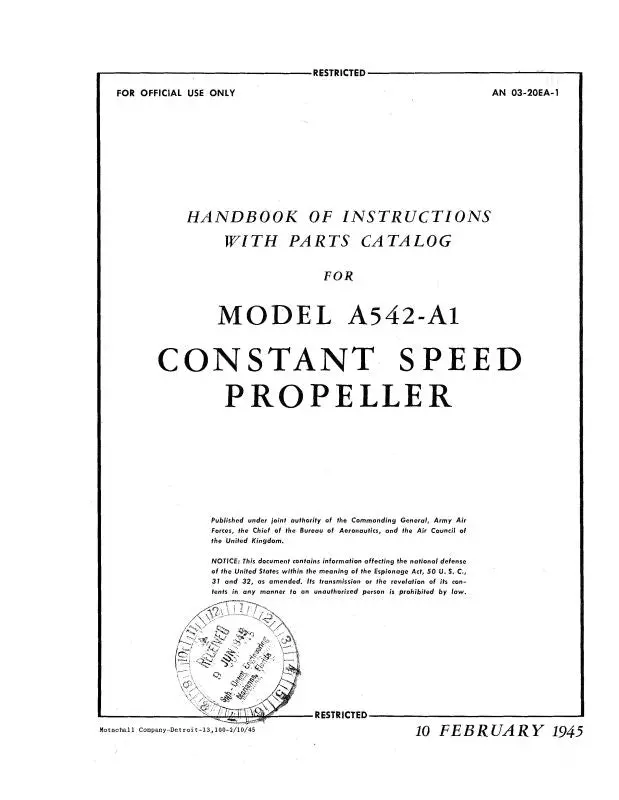 Aeroproducts Propeller Models A542-A1 Handbook Of Instructions With Parts (03-20Ea-1) 1