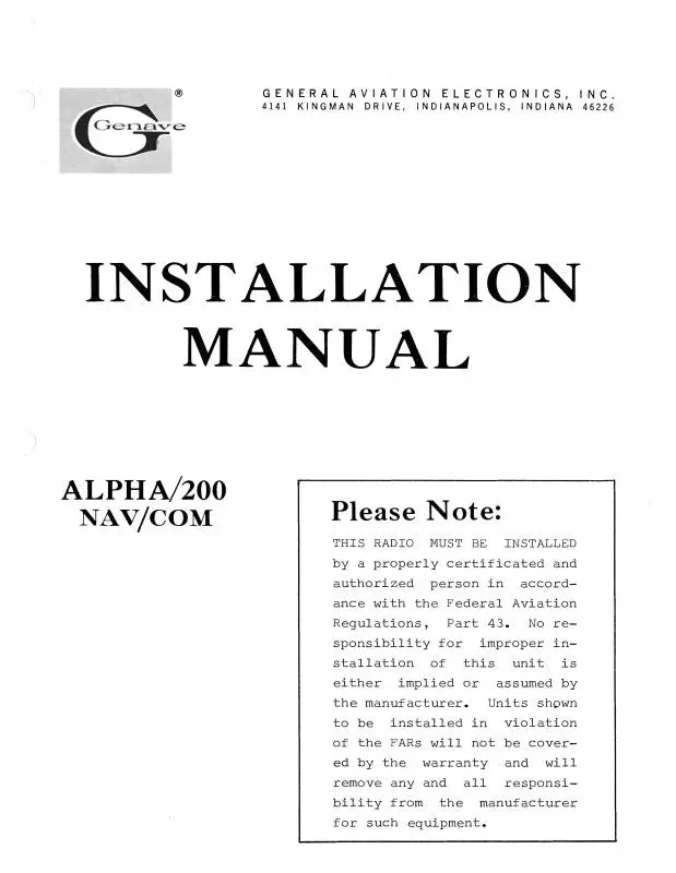 Genave Alpha 200 Nav-Com 1968 Installation Manual (Gnalpha200-68-I) 1