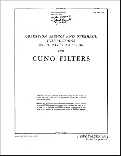 Us Government Cuno Hydraulic Oil Filters Operation, Service, Overhaul With Parts (3/1/1932) 1