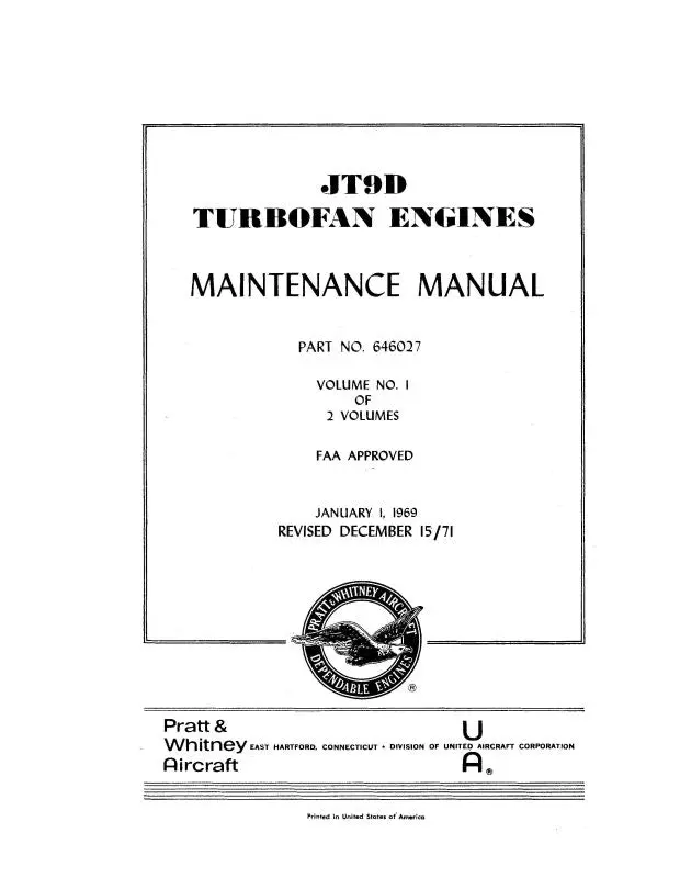 Pratt & Whitney Aircraft Jt9d 1967 Maintenance Manual (646027) 1