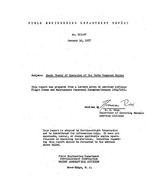 Wright Aeronautical Basic Theory Of Operation Field Engineering Department Report (No.-Tci-27) 1