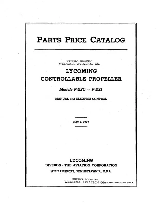 Lycoming Models P-220, P-221 1937 Parts Price Catalog (03-20D-1) 1