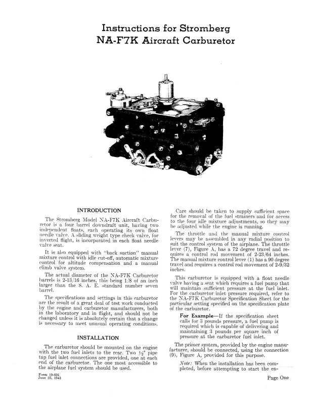 Bendix Na-F7k Stromberg Carburetors Instructions (10-626) 1