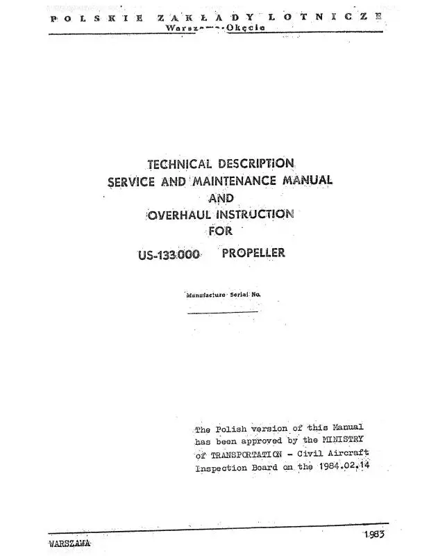 Polish Engine Us-133000 Propeller 1975 Maintenance & Overhaul Manual (Ppus133000-83) 1