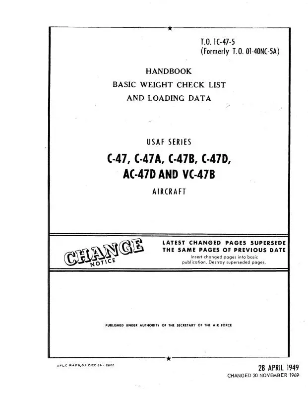 Douglas C-47,A,B,D,Ac-47D, Vc-47B Basic Weight Checklist & Loading Data (To-1C-47-5) 1