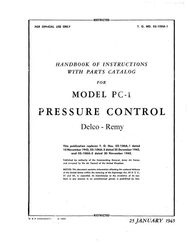 Delco Remy Pc-1 Pressure Control 1945 Instructions With Parts Catalog (To-#-03-10Ha-1) 1
