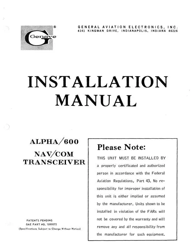 Genave Alpha 600 Nav-Com Transceiver Installation Manual (1090072) 1