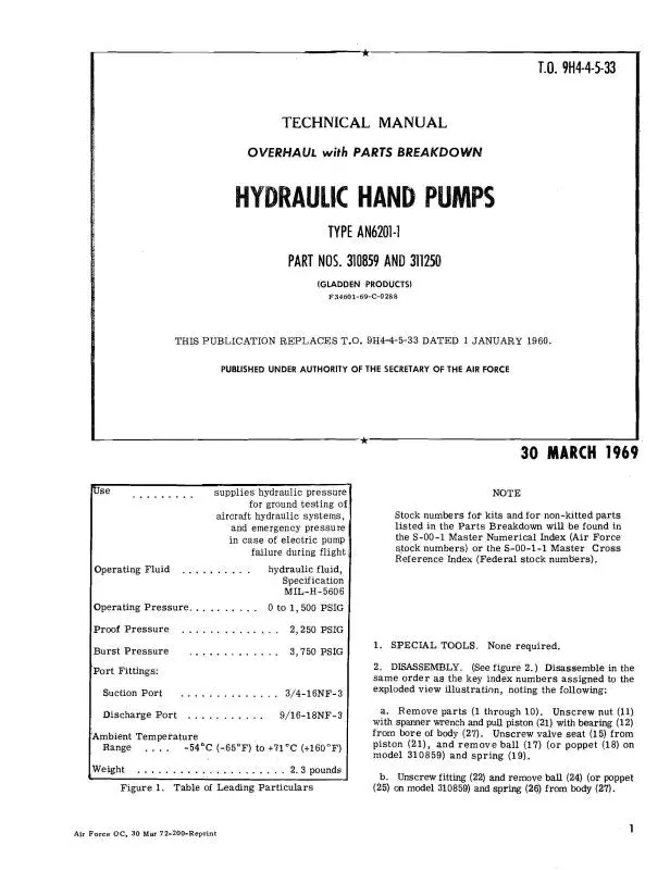 Gladden Products Hydraulic Hand Pumps 1969 Overhaul With Parts Breakdown (9H4-4-5-33) 1