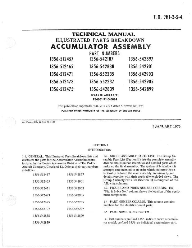 Parker Aircraft Accumulator Assembly 1976 Illustrated Parts (9H1-2-5-4) 1