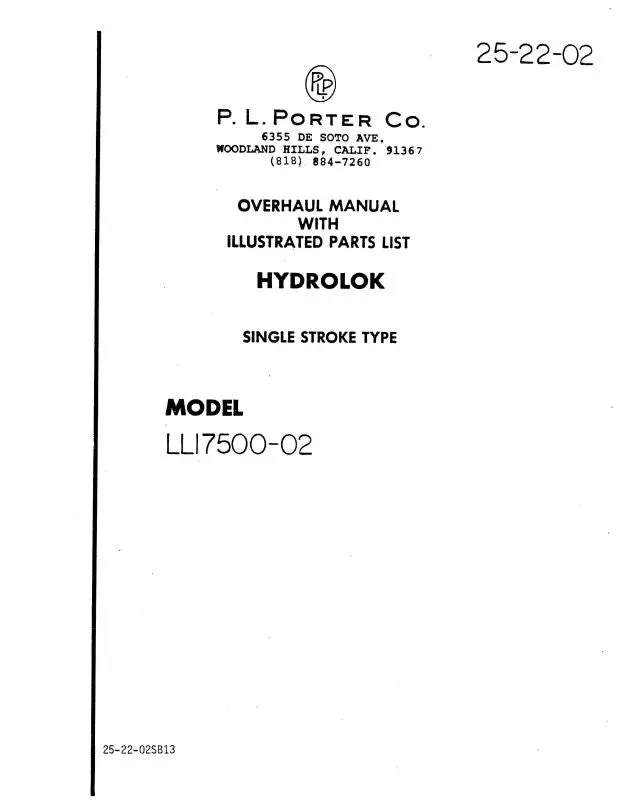 P.L. Porter Hydrolok Model Ll17500-02 Overhaul With Illustrated Parts (25-22-02) 1