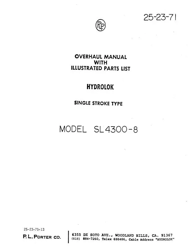P.L. Porter Hydrolok Model Sl4300-8 Overhaul With Illustrated Parts (25-23-71) 1
