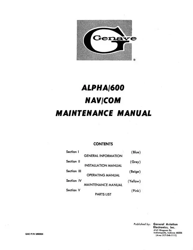 Genave Alpha 600 Nav-Com 1972 Maintenance Manual (1090934) 1