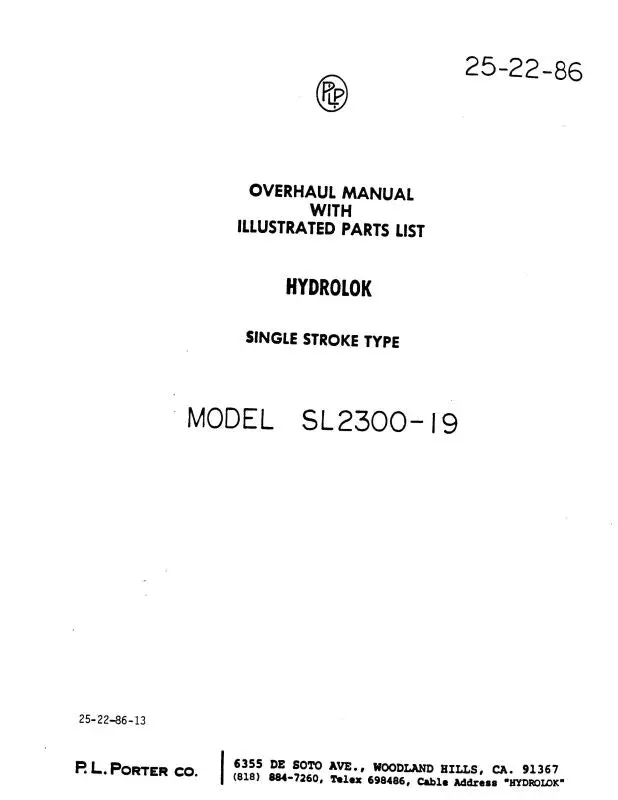 P.L. Porter Hydrolok Model Sl2300-19 Overhaul With Illustrated Parts (25-22-86) 1