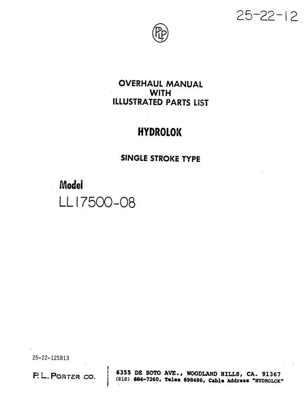 P.L. Porter Hydrolok Model Ll17500-08 Overhaul With Illustrated Parts (25-22-12) 1
