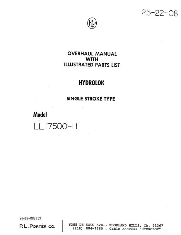 P.L. Porter Hydrolok Model Ll17500-11 Overhaul With Illustrated Parts (25-22-08) 1