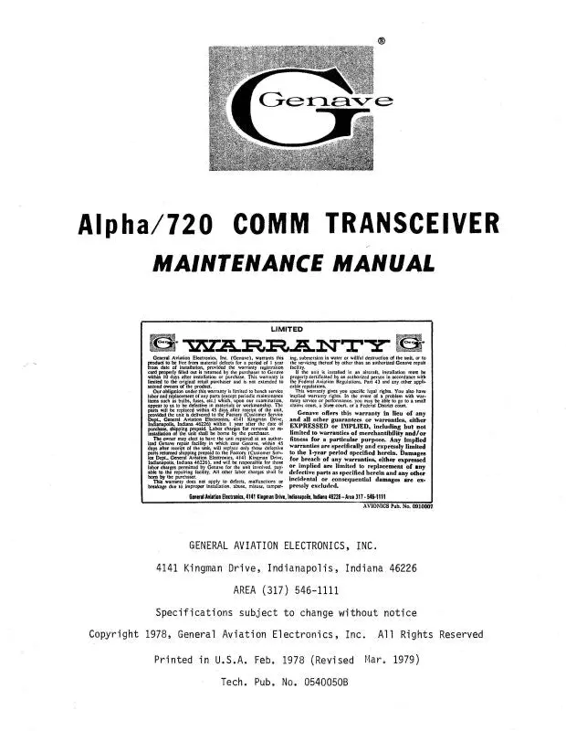 Genave Alpha 720 Comm Transceiver Maintenance Manual (Gnalpha720-78-M) 1