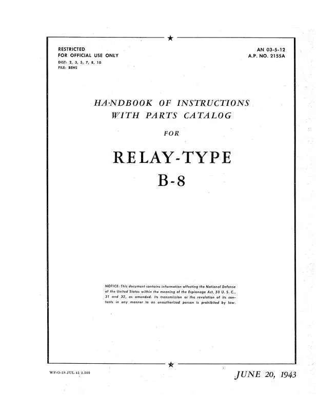 Jack & Heintz Relay-Type B-8 1943 Instructions With Parts Catalog (An-03-5-12) 1