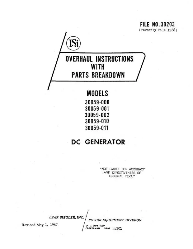 Lear Seigler 30059-000 Thru -011 Dc Generator Overhaul Instructions With Parts Breakdown (30203) 1