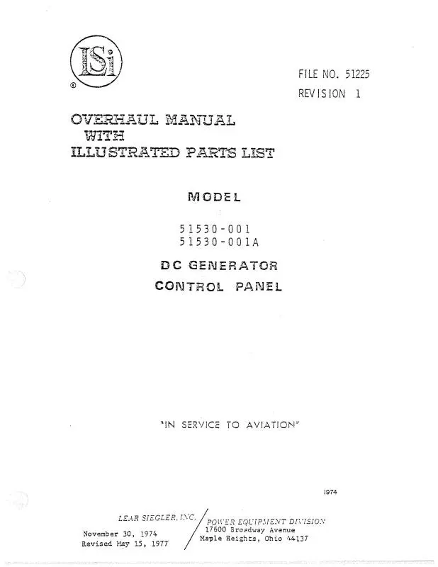 Lear Seigler 51530-001, 001A Dc Generator Overhaul With Illustrated Parts List (51225) 1