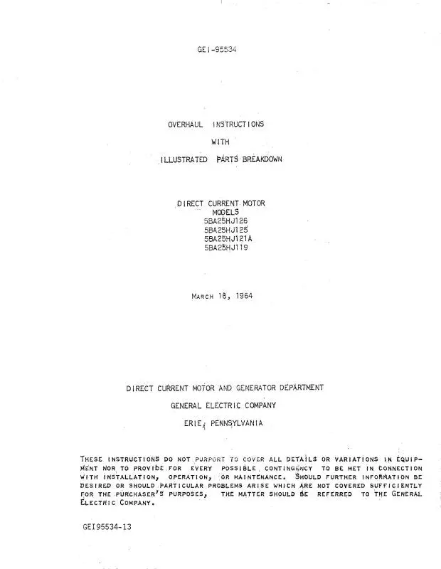 General Electric Company Direct Current Motors 1964 Overhaul Instructions With Illustrated Parts (Gei95534-13) 1