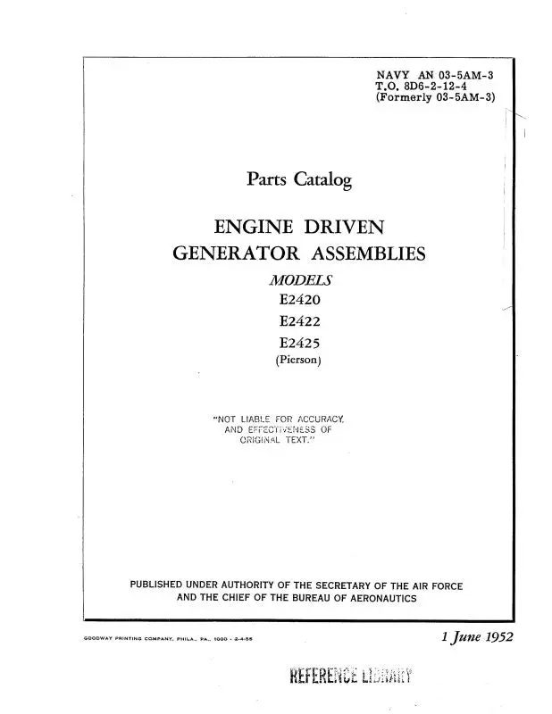 Pierson E2420, E2422, E2425 1952 Engine Driven Generator Assemblies (An-03-5Am-3) 1