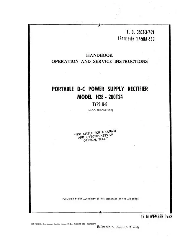 Mccolphin Christie H28-200T24 Type B-8 1953 Operation & Service Instructions (35C3-3-7-21) 1