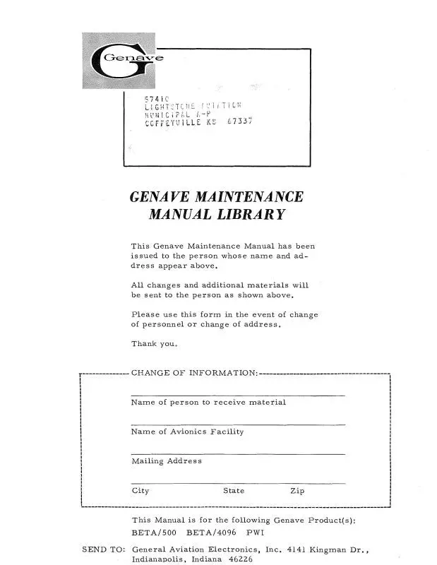Genave Beta 4096 Atc Transponder Maintenance Manual (Gnbeta4096-M-C) 1
