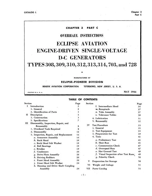 Bendix 308-314,703,728 Generators1944 Overhaul Instructions (Ec307-72844Ohc) 1