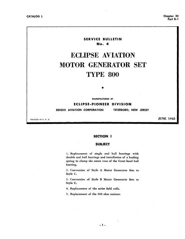 Bendix Type 800 Motor Generator Set Service Bulletin (No.-4) 1