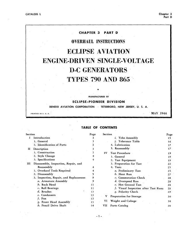 Bendix Types 790 & 865 Generator 1944 Overhaul Instructions (Bx790,865-44-Oh-C) 1