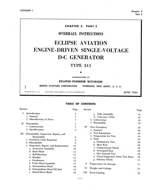 Bendix Type 311 D-C Generator 1944 Overhaul Instructions (Bx311-44-Oh-C) 1