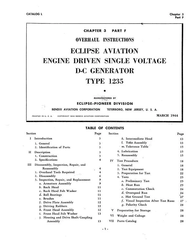 Bendix Type 1235 D-C Generator 1944 Overhaul Instructions (Bx1235-44-Oh-C) 1