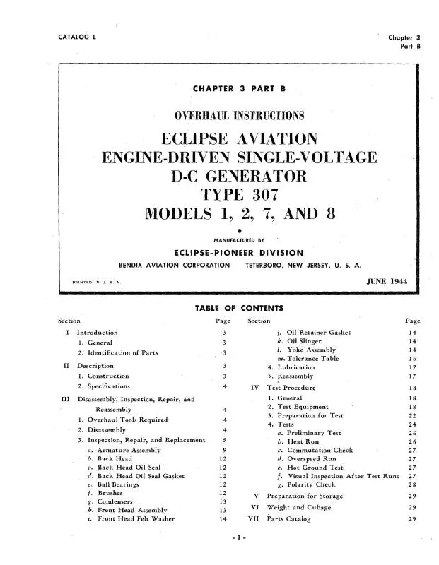 Bendix Type 307 Models 1, 2, 7, 8 Overhaul Instructions (Bx307-44-Oh-C) 1