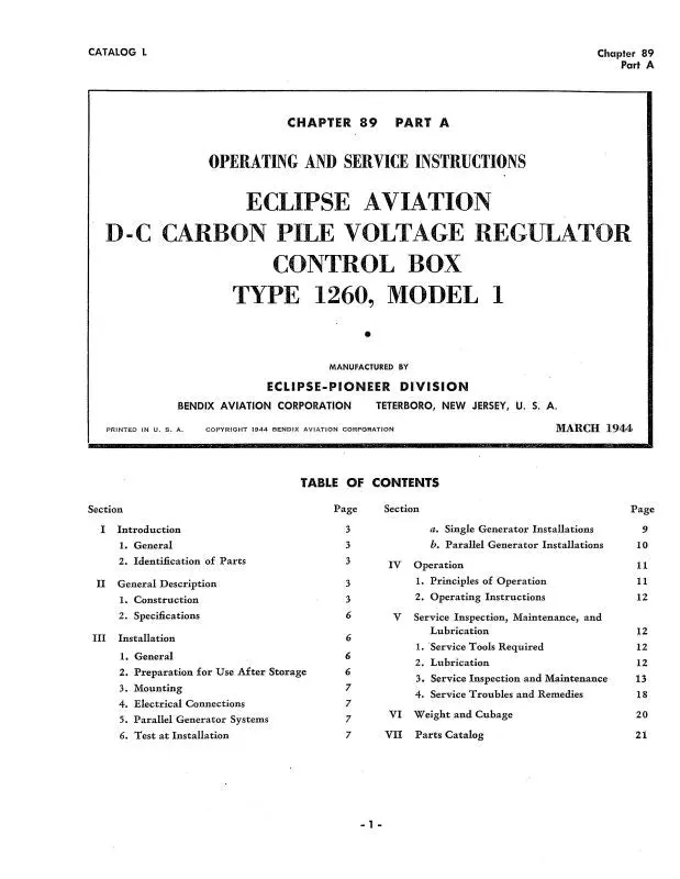 Bendix Type 1260, Model 1 1944 Operating & Service Instructions (Bx1260dccarbon) 1