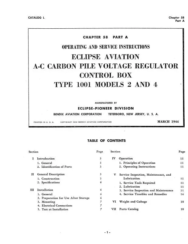 Bendix Type 1001, Models 2 & 4 1944 Operating & Service Instructions (Bx11001accarbon) 1