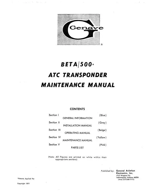 Genave Beta 500 Atc Transponder Maintenance Manual (Gnbeta500-M-C) 1