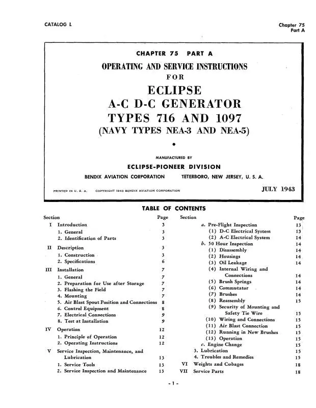 Bendix A-C,D-C Generators 1943 Maintenance & Operating (Bx716,1097-43-M-C) 1