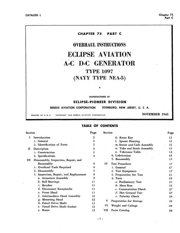 Bendix A-C,D-C Generators 1943 Overhaul Manual (Bx1097-43-Oh-C) 1
