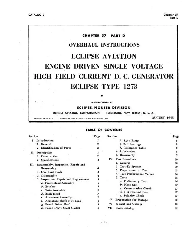 Bendix Type 1273 D-C Generator 1943 Overhaul Instructions (Bx1273-43-Oh-C) 1