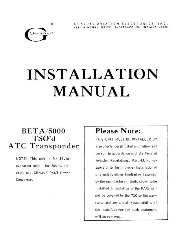 Genave Beta 5000 Tso'd Atctransponder Installation Manual (Gnbeta5000-In-C) 1
