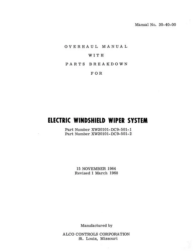 Alco Electric Windshield Wiper System Overhaul Manual With Parts Breakdown (30-40-00) 1