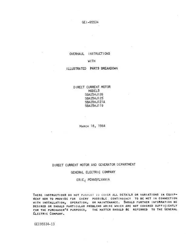General Electric Company D-C Motor 1964 Overhaul Instructions With Illustrated Parts (Gei-95534) 1