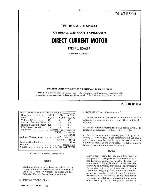 General Controls Direct Current Motor 1959 Overhaul With Parts Breakdown (8D1-14-52-143) 1