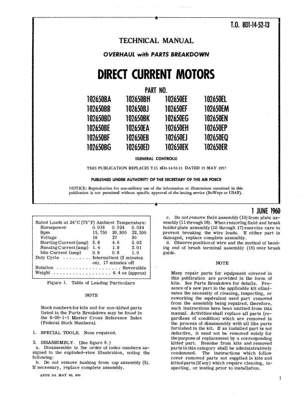 General Controls Direct Current Motor 1960 Overhaul With Parts Breakdown (8D1-14-52-13) 1