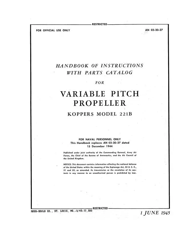 Aeromatic Propellers Koppers Model 221B 1945 Handbook Of Instructions With Parts Catalog (3/20/2027) 1